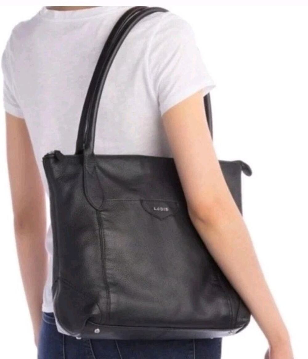 Lodis Siera Black Pebbled Leather Tote Bag Zip Top Shoulder Purse Excellent